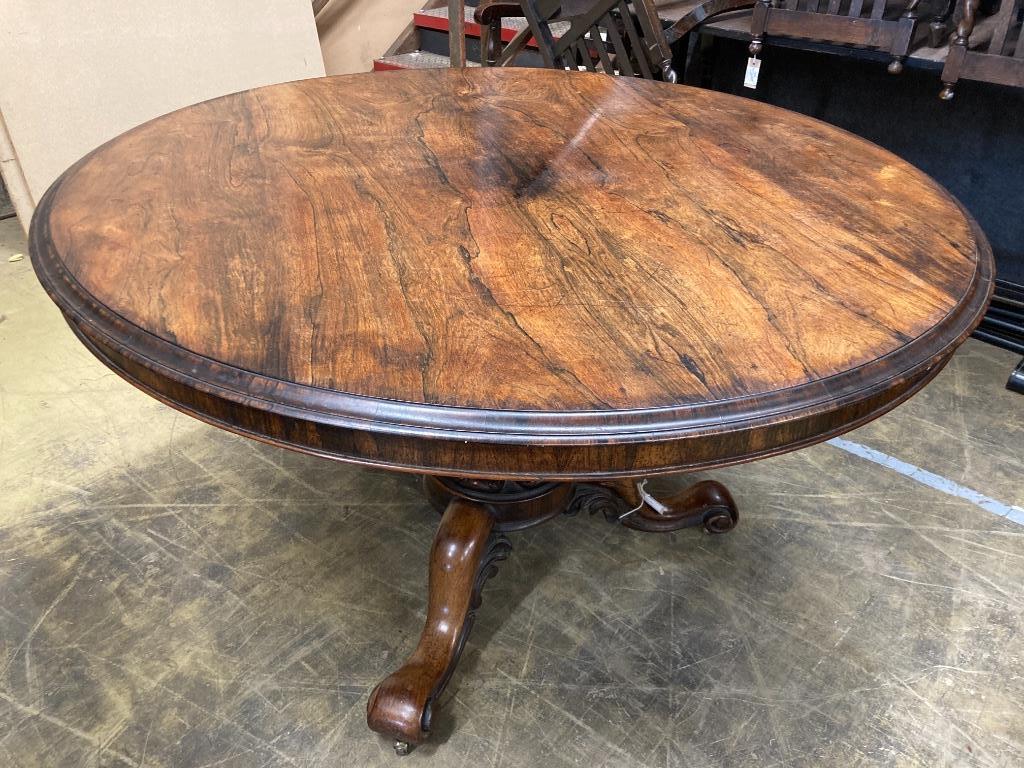 A Victorian circular rosewood tilt top breakfast table, diameter 126cm, height 76cm
